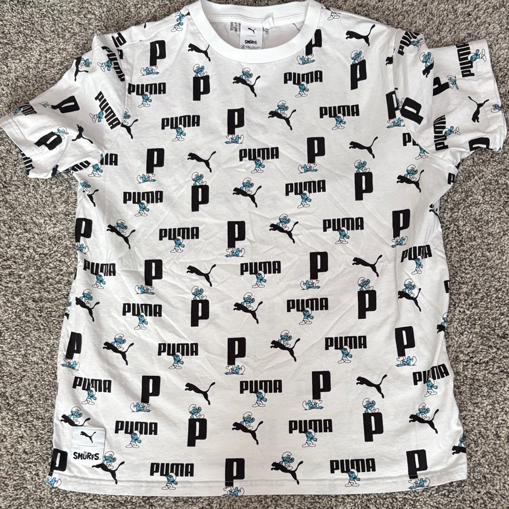 Puma White Short Sleeve All-Over Logo Tee with Smurf Blue Accents